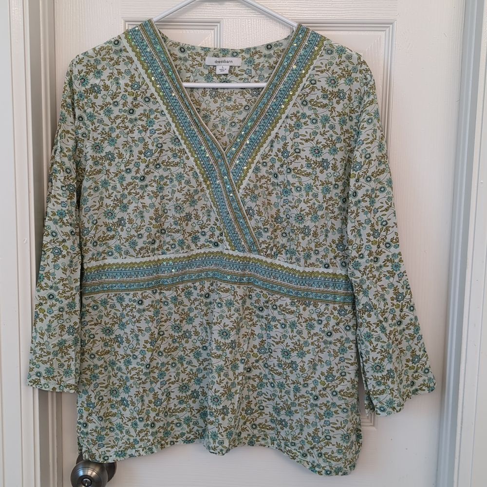 Dress Barn floral embellished 100% cotton long sleeve top size L